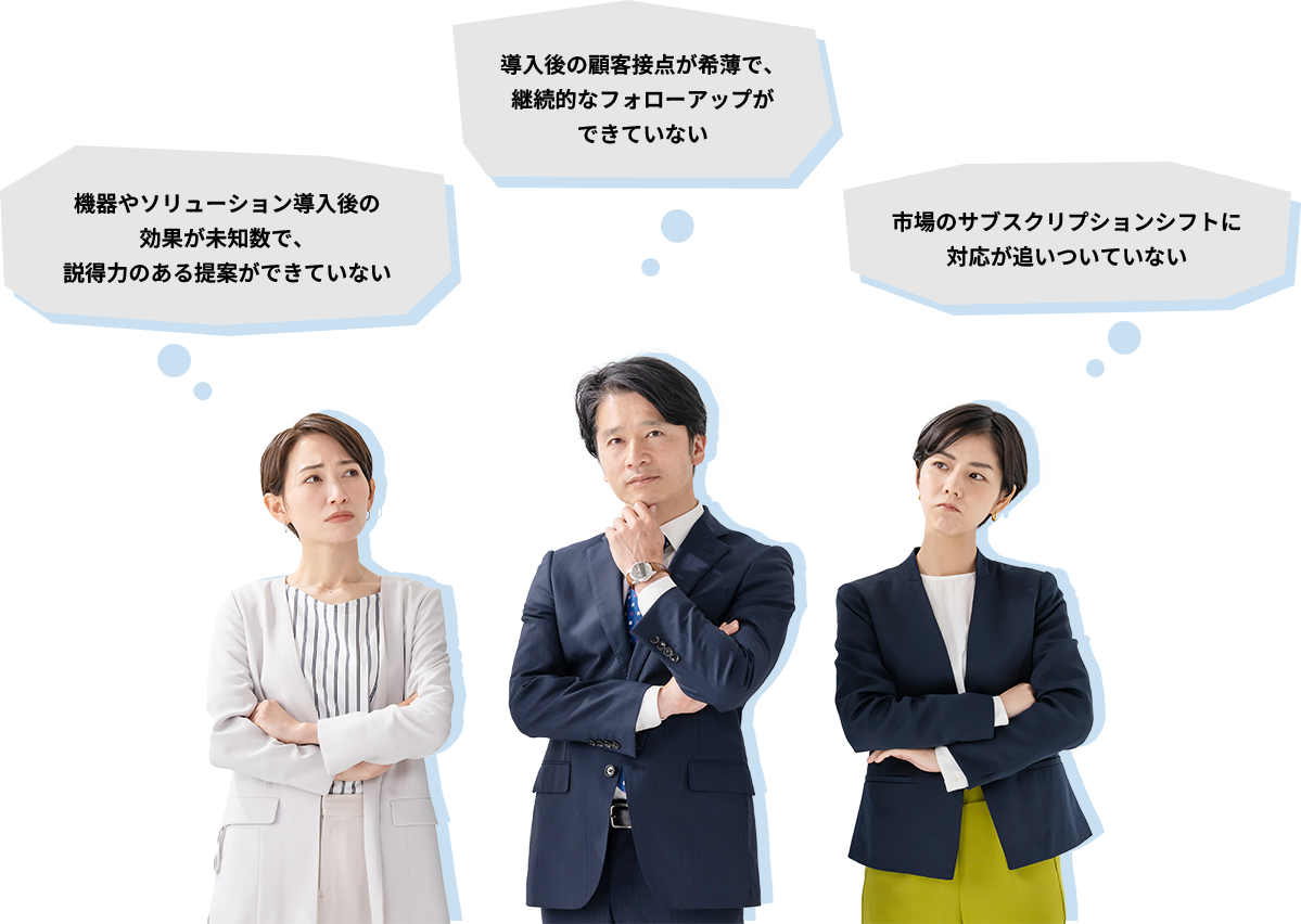 機器やソリューション導入後の効果が未知数で、説得力のある提案ができていない 導入後の顧客接点が希薄で、継続的なフォローアップができていない 市場のサブスクリプションシフトに対応が追いついていない